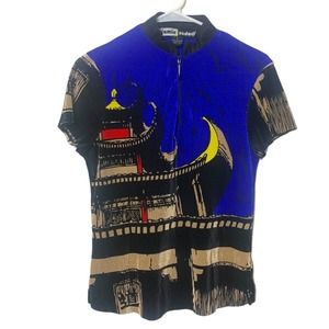 Jamie Sadock sz S RARE Pagoda Print Crinkle Short SL Golf Shirt Top Excellent!